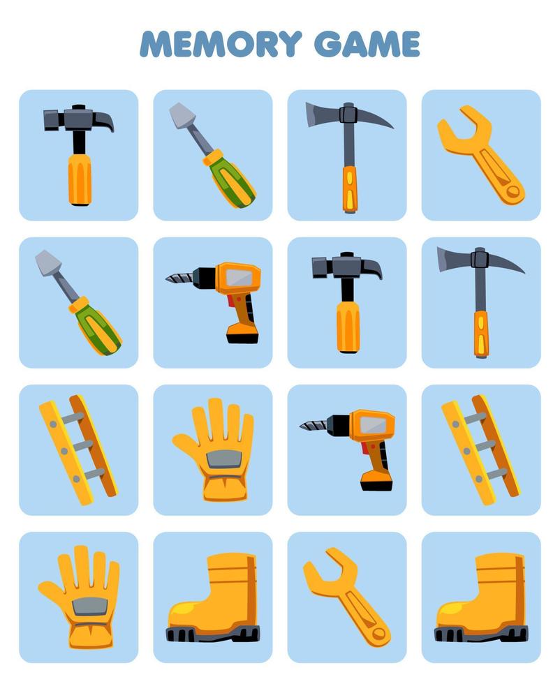 Education game for children memory to find similar pictures of cute cartoon hammer screwdriver pickaxe wrench drill ladder glove boot printable tool worksheet vector