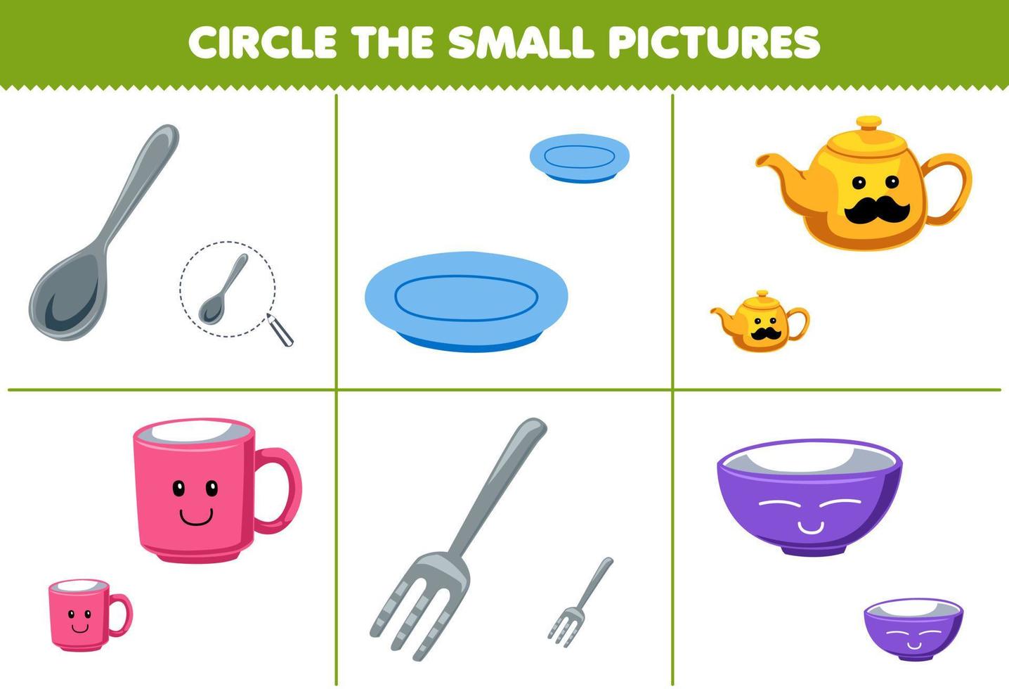 Education game for children circle the small picture of cute cartoon spoon fork plate teapot mug bowl printable tool worksheet vector