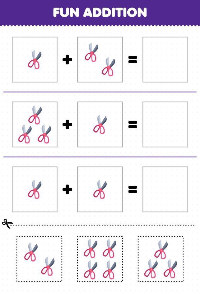 Education game for children fun addition by cut and match of cute cartoon scissor pictures for printable tool worksheet vector