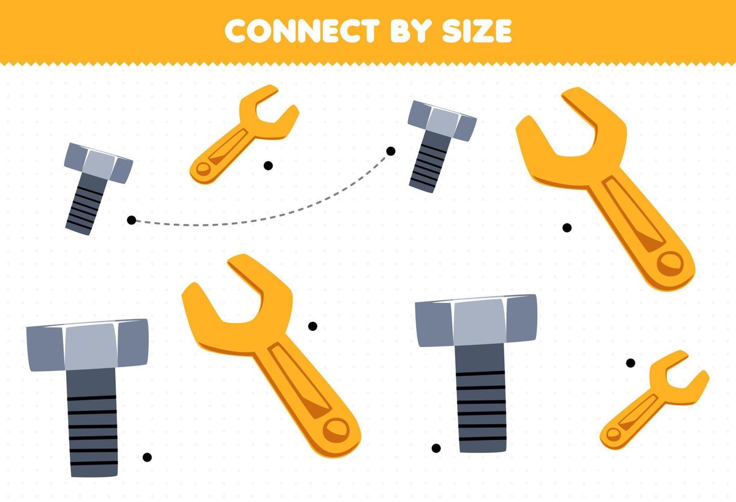 educativo juego para niños conectar por el Talla de linda dibujos animados llave inglesa y tornillo imprimible herramienta hoja de cálculo vector