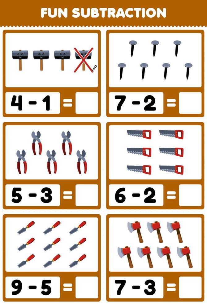 Education game for children fun subtraction by counting and eliminating cute cartoon hammer nail pliers saw chisel axe printable tool worksheet vector