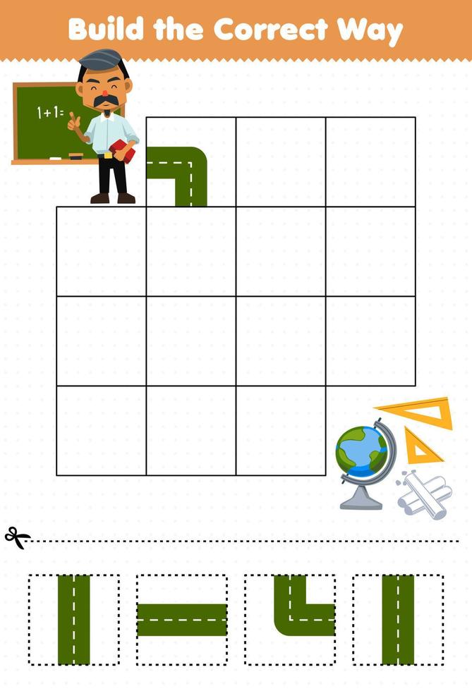 Education game for children build the correct way help cute cartoon teacher move to globe ruler chalk printable tool worksheet vector