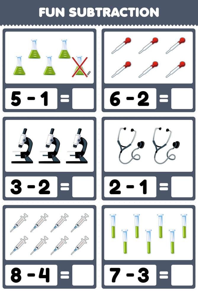 Education game for children fun subtraction by counting and eliminating cute cartoon beaker dropper microscope stethoscope syringe test tube printable tool worksheet vector