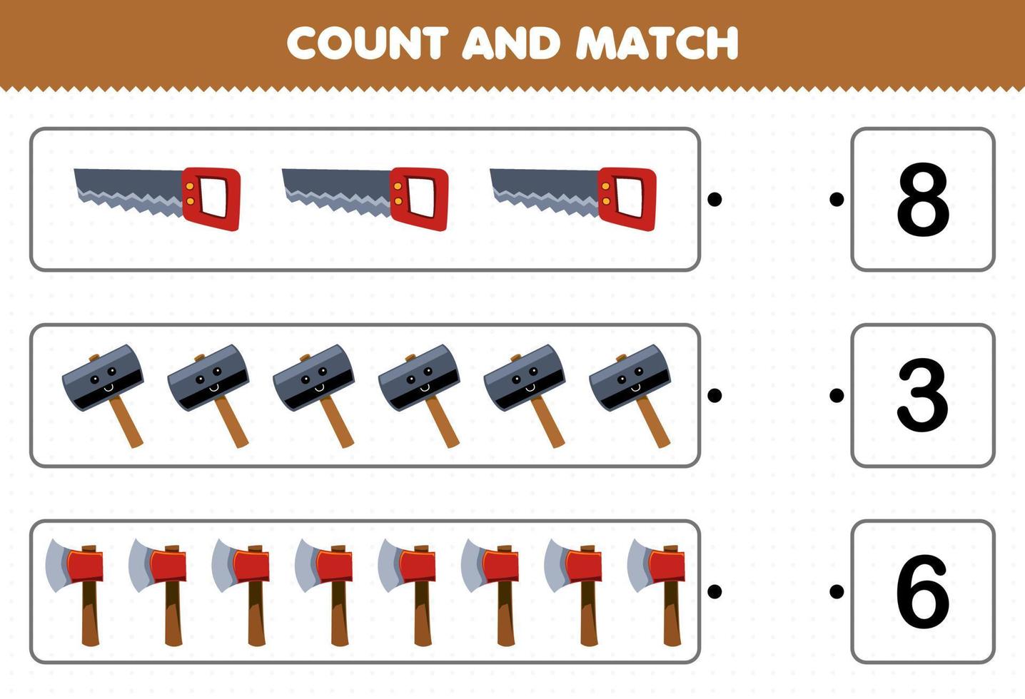 Education game for children count the number of cute cartoon saw hammer axe and match with the right numbers printable tool worksheet vector