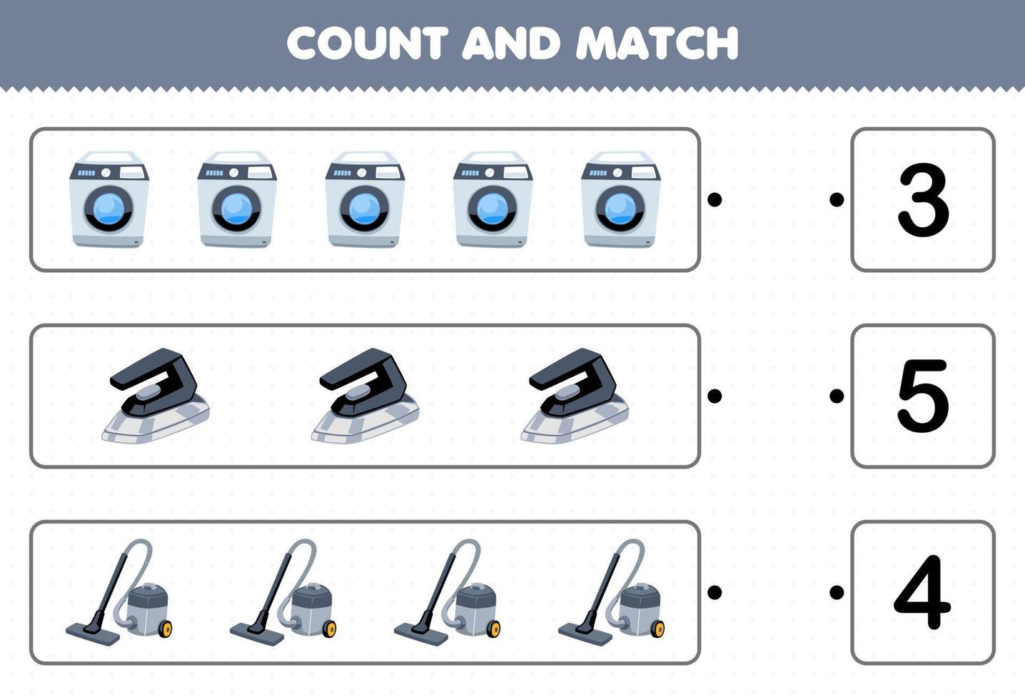 Education game for children count the number of cute cartoon washing machine iron vacuum cleaner and match with the right numbers printable tool worksheet vector