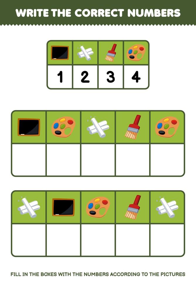 Education game for children write the right numbers in the box according to the blackboard chalk brush palette pictures on the table printable tool worksheet vector