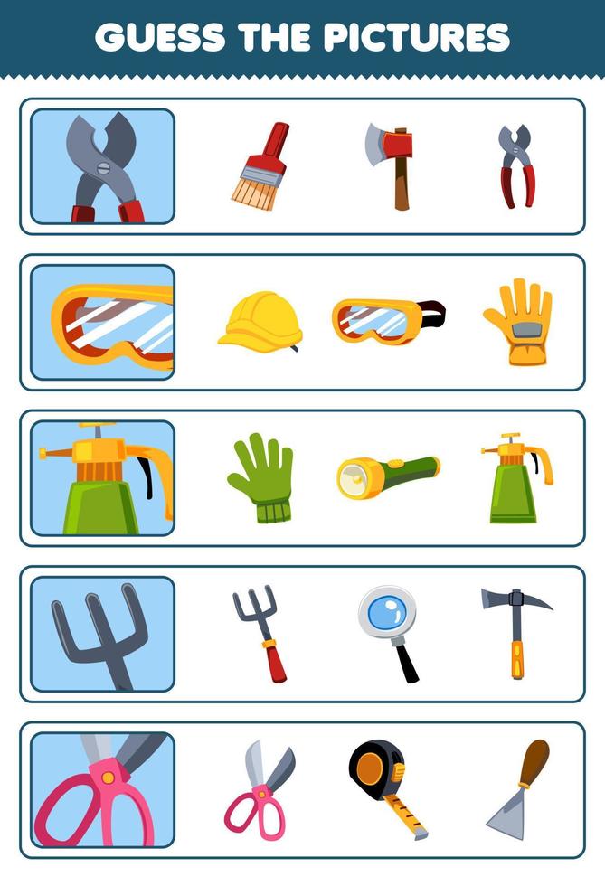 Education game for children guess the correct pictures of cute cartoon pliers googles sprayer fork scissor printable tool worksheet vector