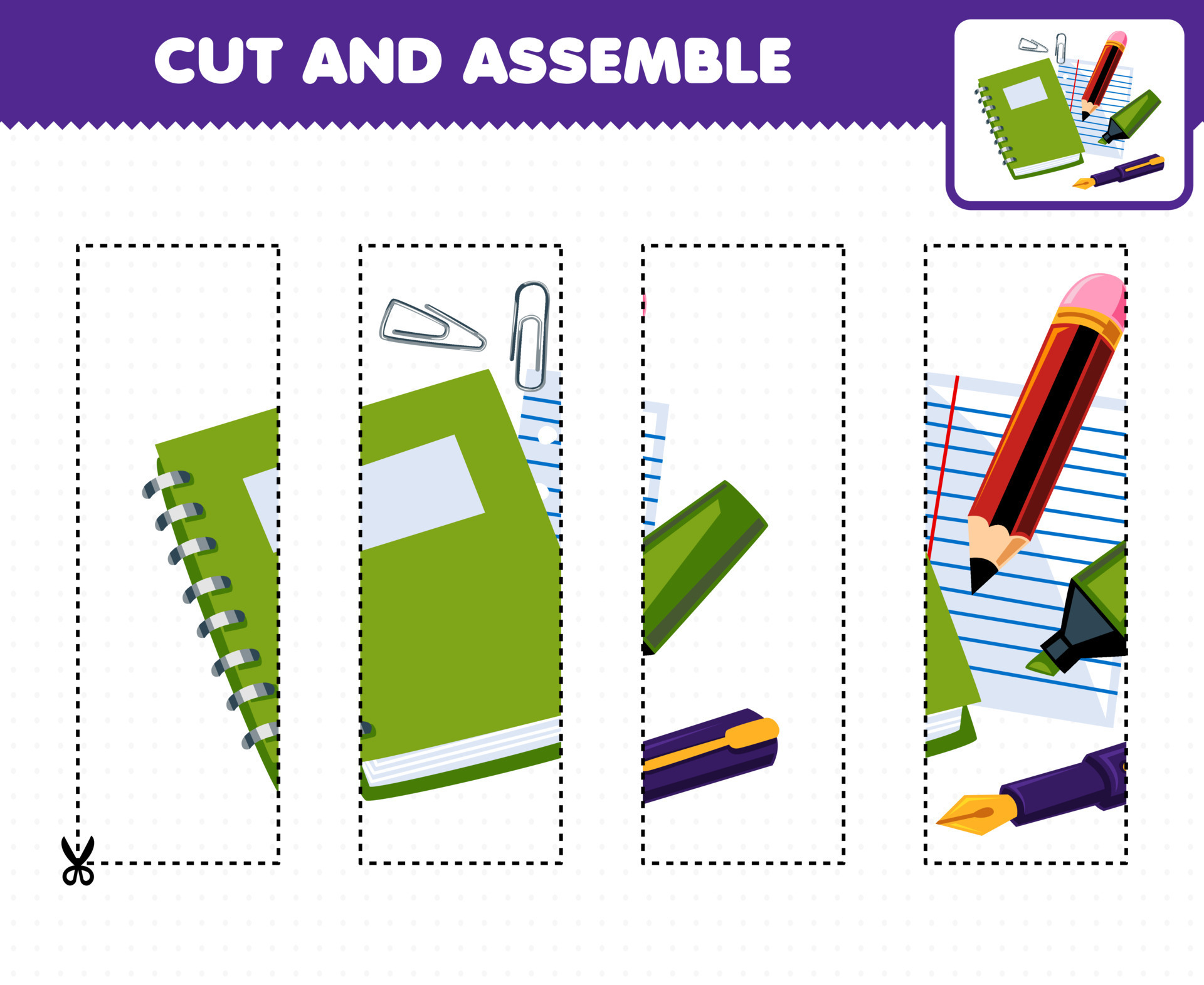 Education game for children cutting practice and assemble puzzle with