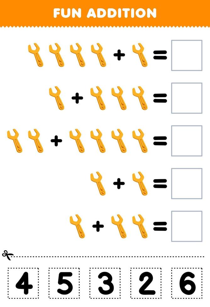Education game for children fun addition by cut and match correct number for cute cartoon wrench printable tool worksheet vector