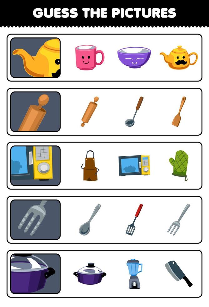 Education game for children guess the correct pictures of cute cartoon teapot rolling pin microwave fork pot printable tool worksheet vector