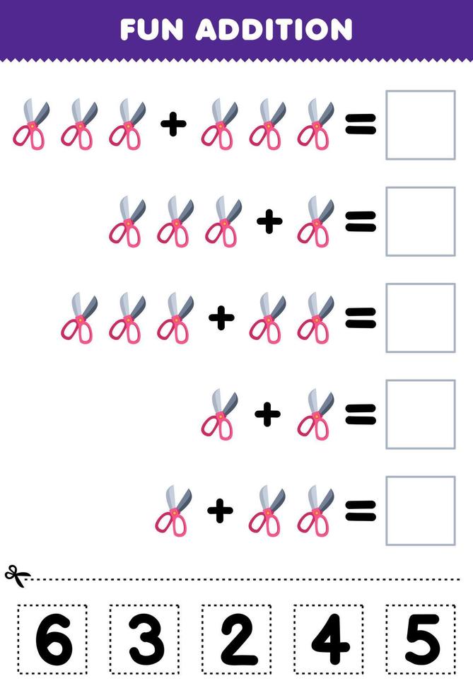 Education game for children fun addition by cut and match correct number for cute cartoon scissor printable tool worksheet vector