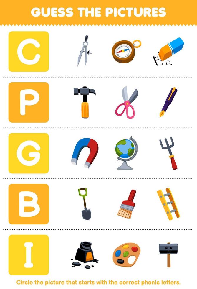 Education game for children guess the correct picture for phonic word that starts with letter C P G B and I printable tool worksheet vector