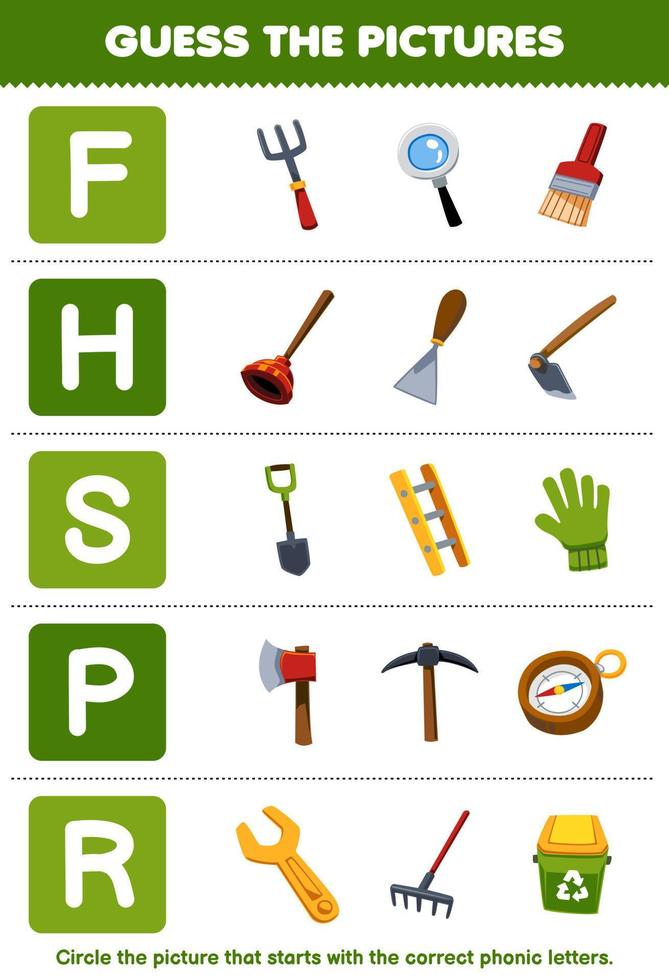 Education game for children guess the correct picture for phonic word that starts with letter F H S P and R printable tool worksheet vector