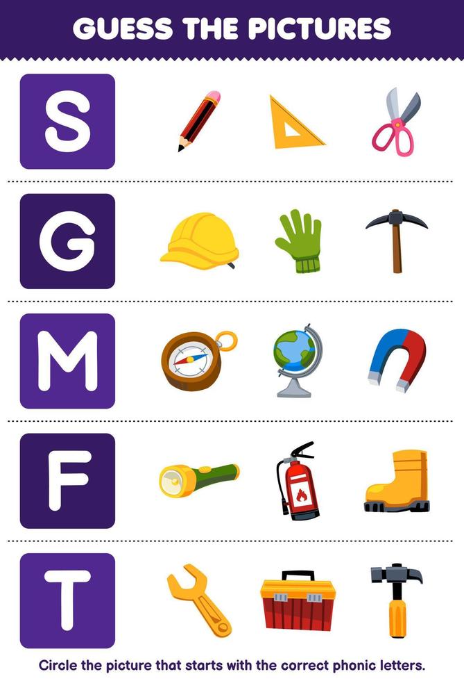 Education game for children guess the correct picture for phonic word that starts with letter S G M F and T printable tool worksheet vector