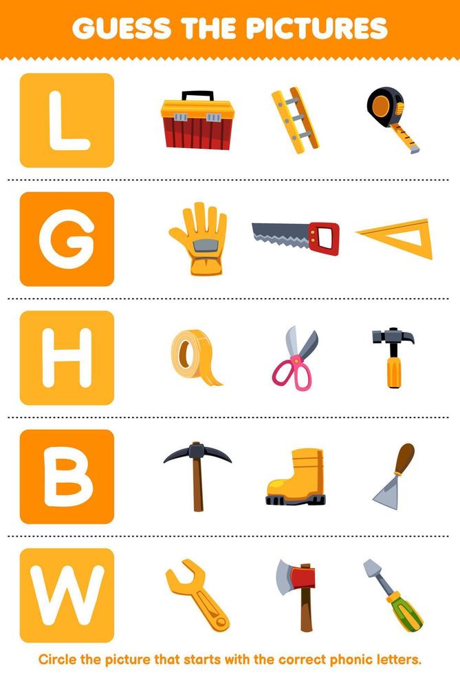 Education game for children guess the correct picture for phonic word that starts with letter L G H B and W printable tool worksheet vector