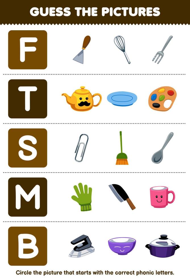 Education game for children guess the correct picture for phonic word that starts with letter F T S M and B printable tool worksheet vector