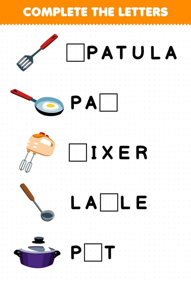 Education game for children complete the letters from cute cartoon spatula pan mixer ladle pot printable tool worksheet vector