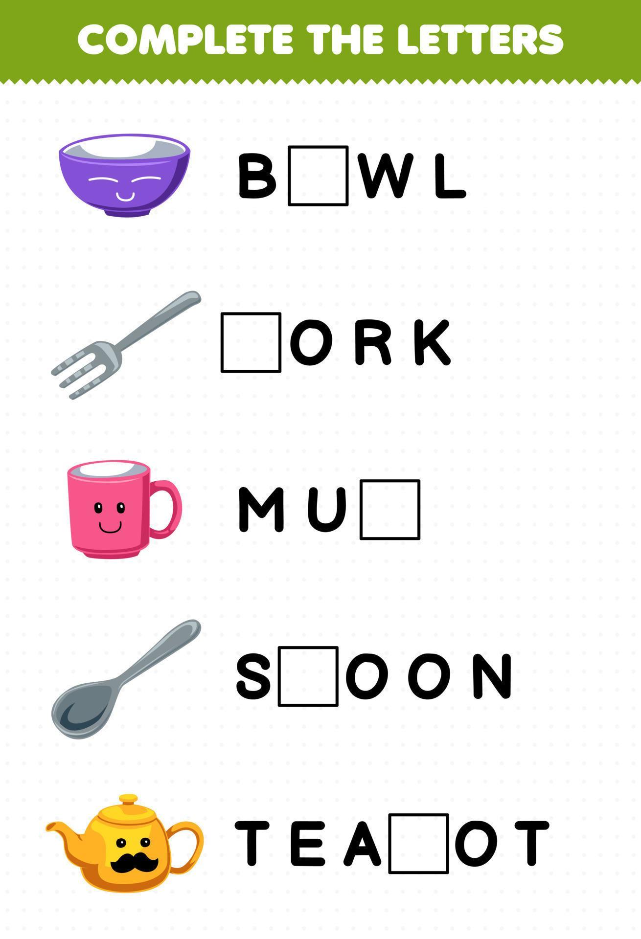 education-game-for-children-complete-the-letters-from-cute-cartoon-bowl-fork-mug-spoon-teapot