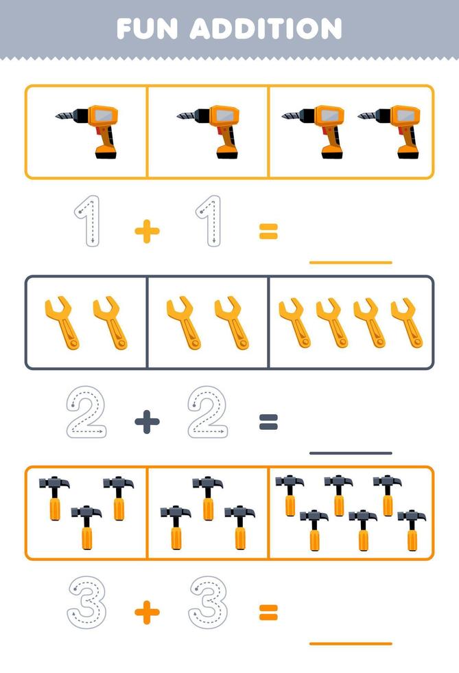 Education game for children fun addition by counting and tracing the number of cute cartoon drill wrench hammer printable tool worksheet vector