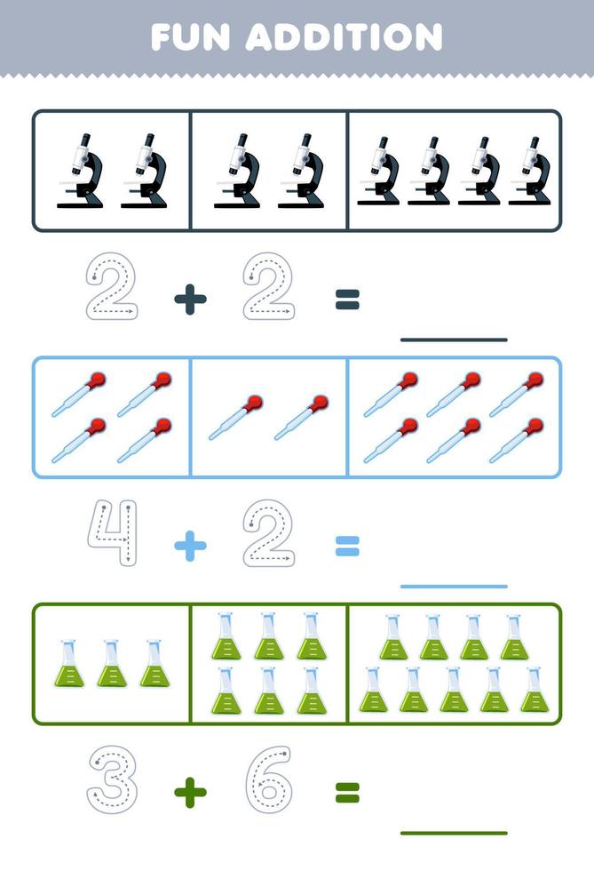 Education game for children fun addition by counting and tracing the number of cute cartoon microscope dropper beaker printable tool worksheet vector