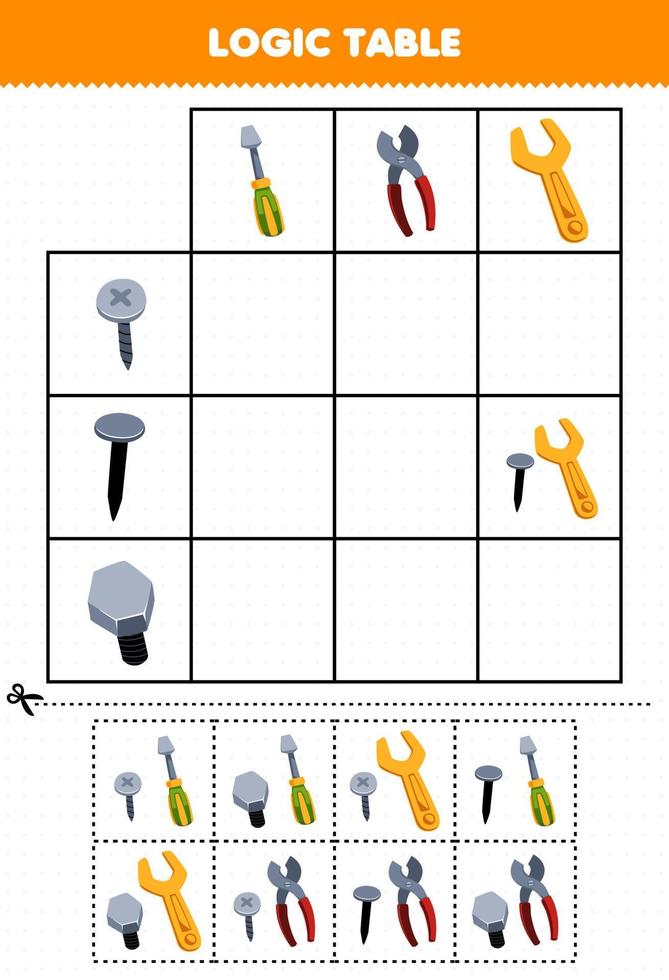 Education game for children logic table cartoon screwdriver pliers and wrench match with correct screw nail or bolt printable tool worksheet vector