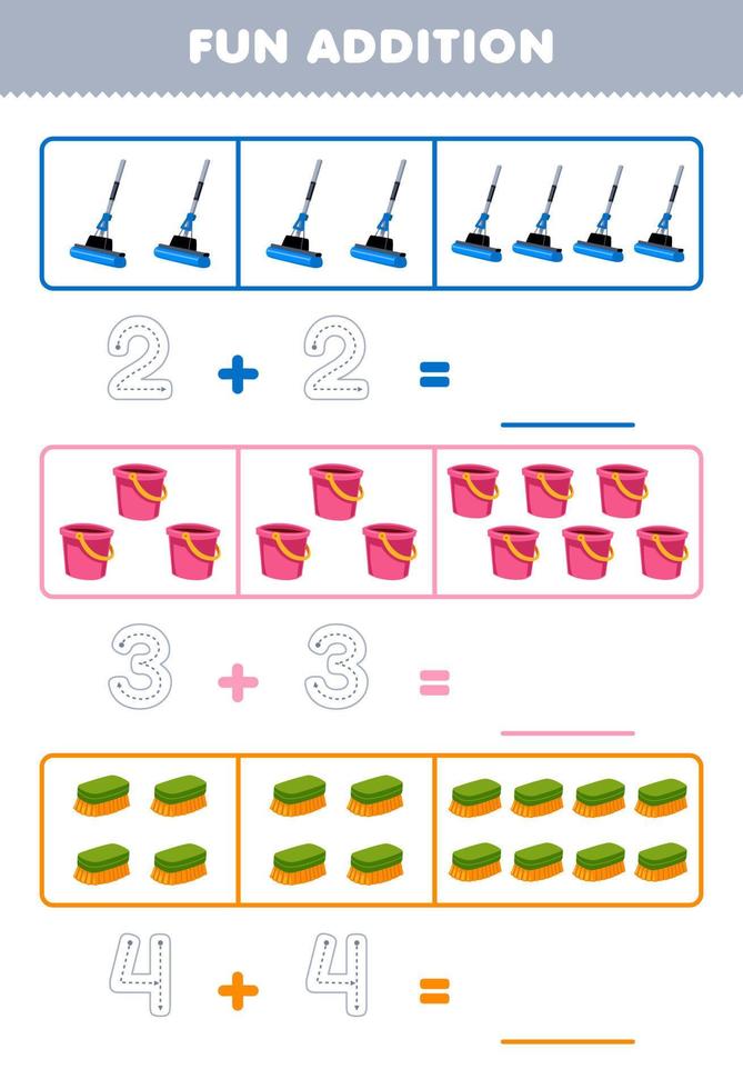 educación juego para niños divertido adición por contando y rastreo el número de linda dibujos animados fregona Cubeta cepillo imprimible herramienta hoja de cálculo vector