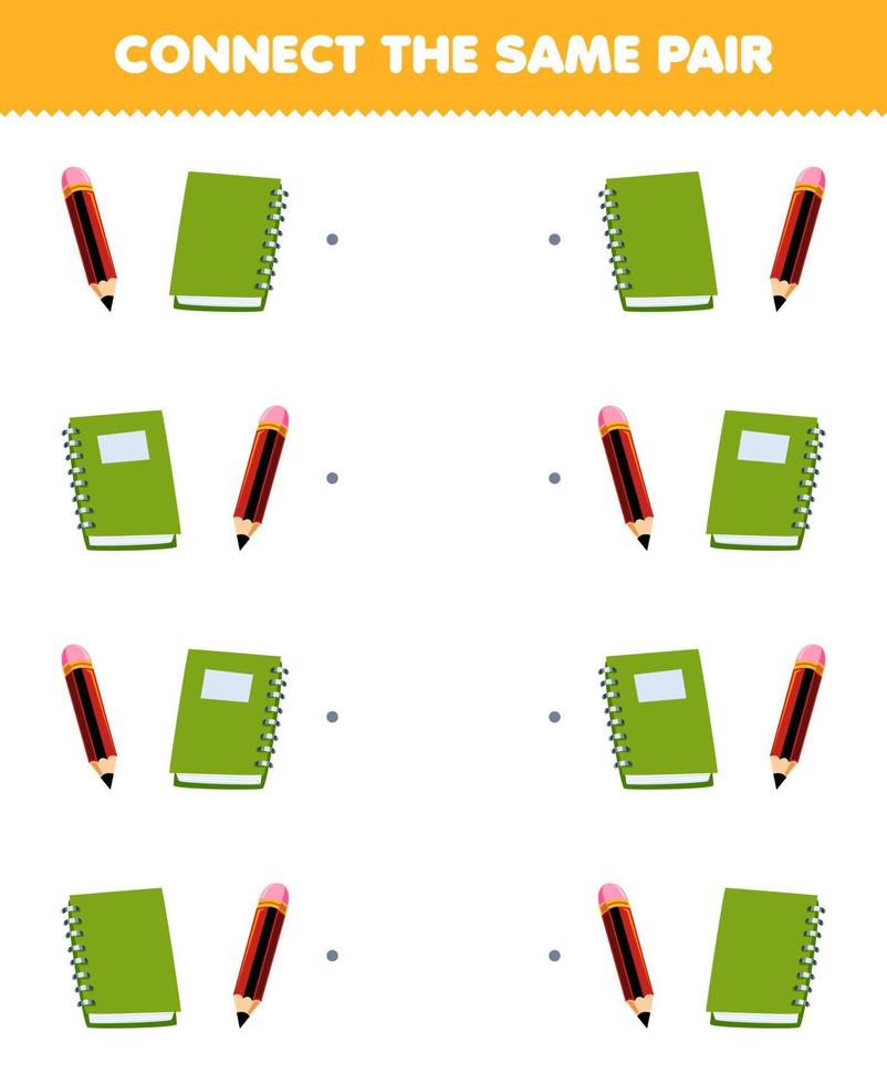 Education game for children connect the same picture of cute cartoon book and pencil pair printable tool worksheet vector