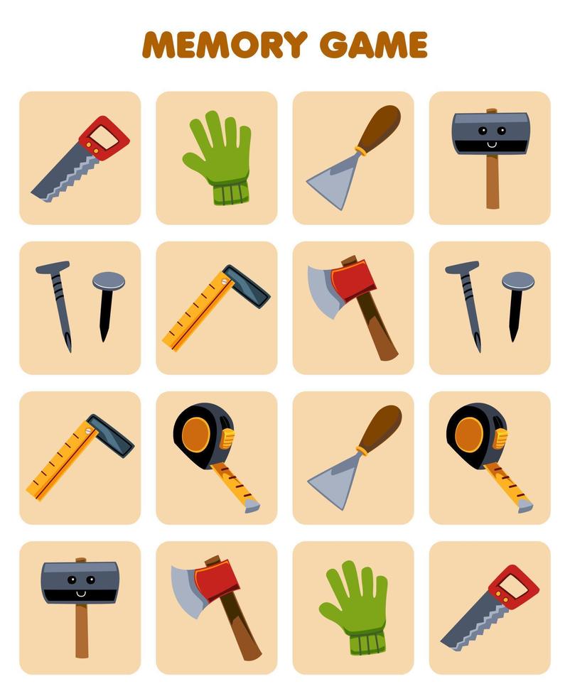 Education game for children memory to find similar pictures of cute cartoon saw glove chisel hammer nail ruler axe printable tool worksheet vector