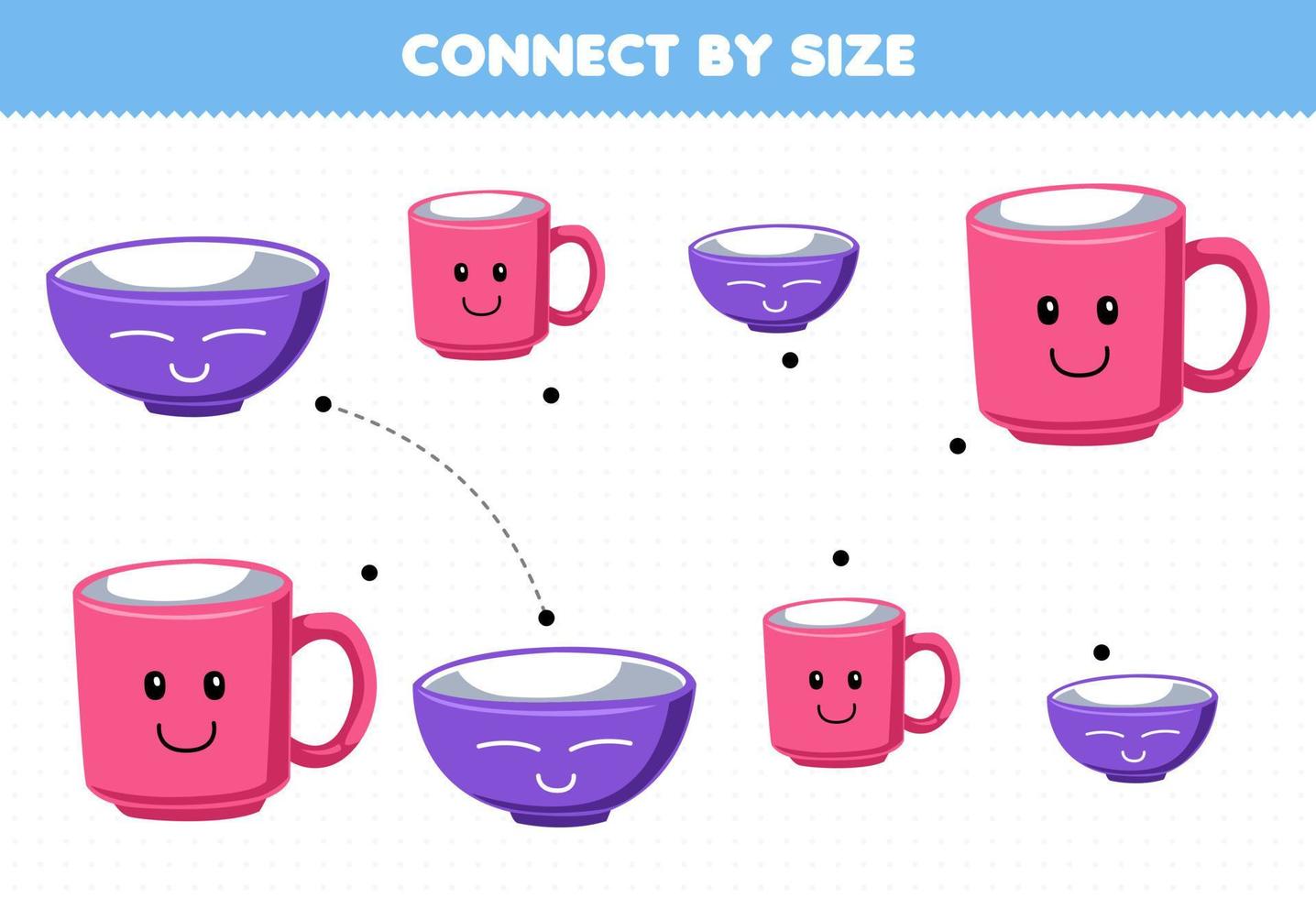 Educational game for kids connect by the size of cute cartoon bowl and mug printable tool worksheet vector