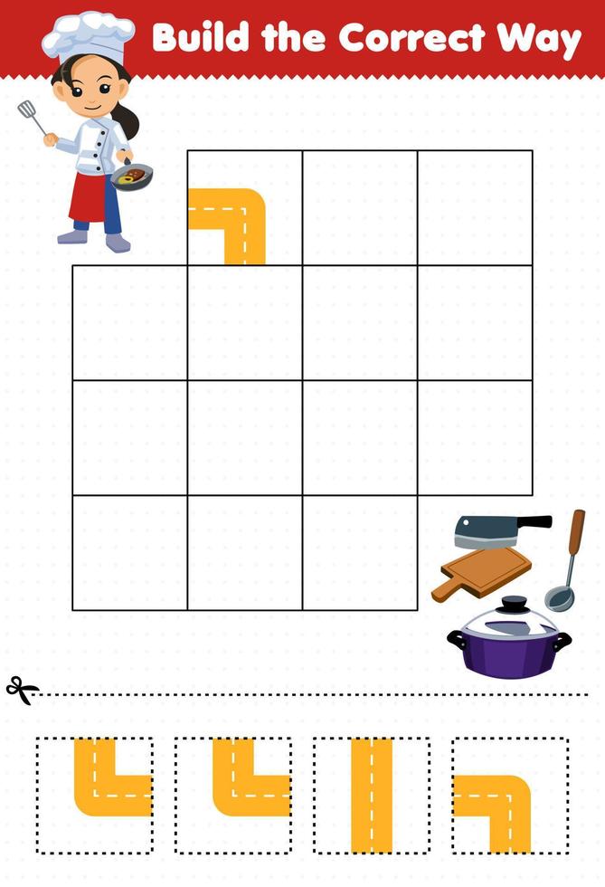 Education game for children build the correct way help cute cartoon chef move to knife chopping board ladle pot printable tool worksheet vector