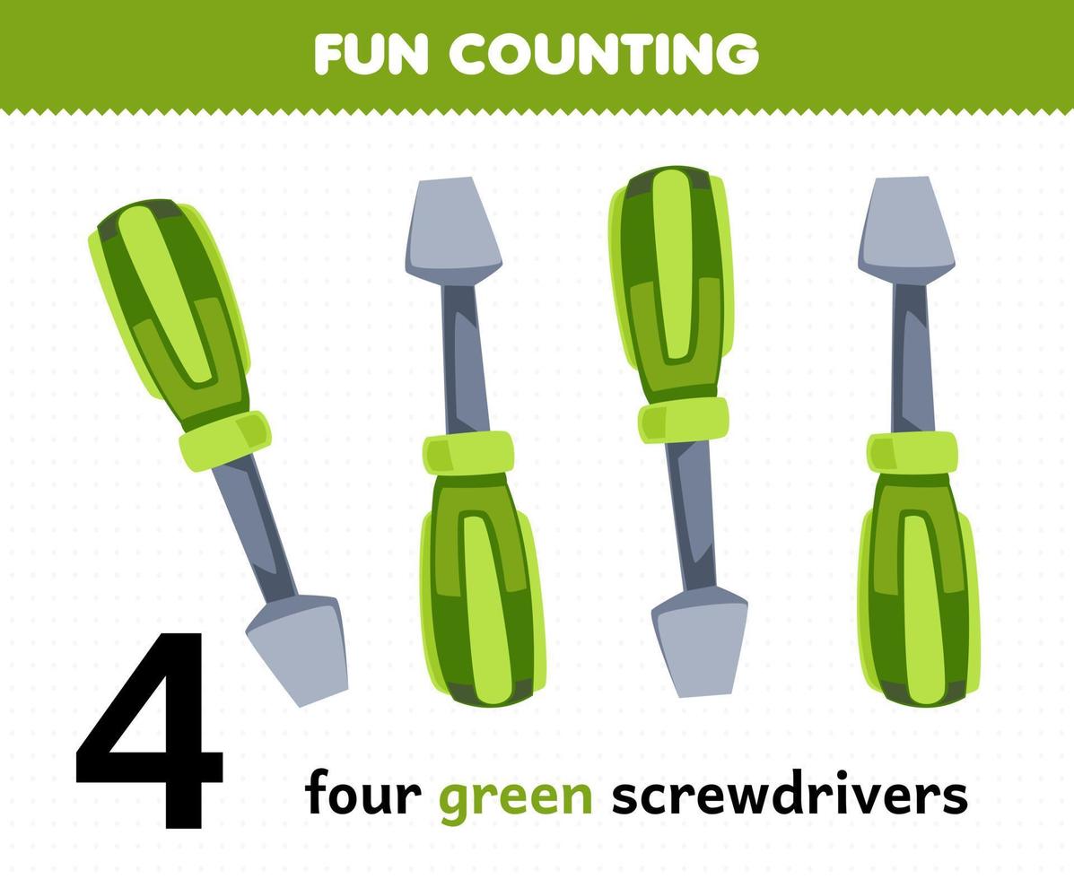 Education game for children fun counting four green screwdriver printable tool worksheet vector