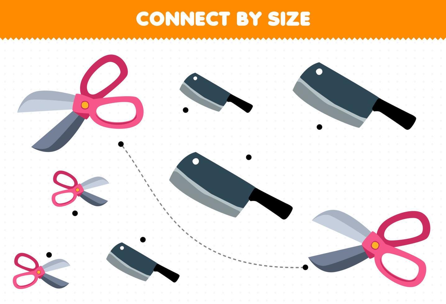 Educational game for kids connect by the size of cute cartoon knife and scissor printable tool worksheet vector