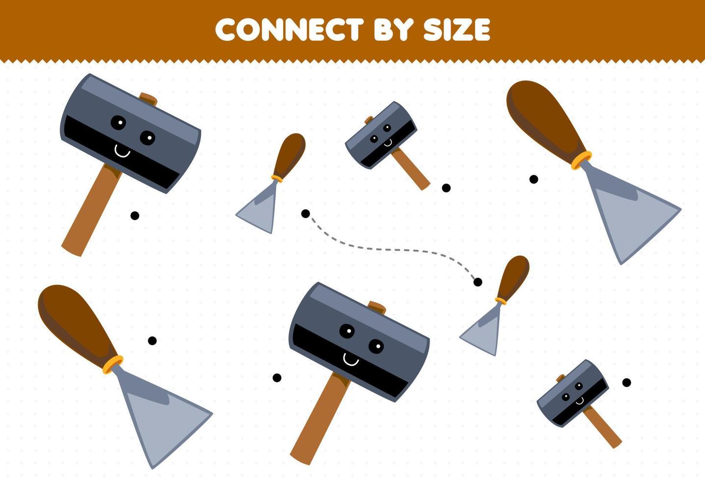 Educational game for kids connect by the size of cute cartoon hammer and chisel printable tool worksheet vector