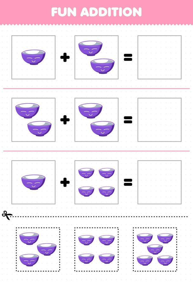 Education game for children fun addition by cut and match of cute cartoon bowl pictures for printable tool worksheet vector