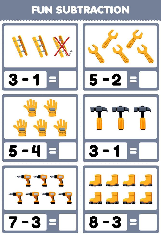 Education game for children fun subtraction by counting and eliminating cute cartoon ladder wrench glove hammer drill boot printable tool worksheet vector