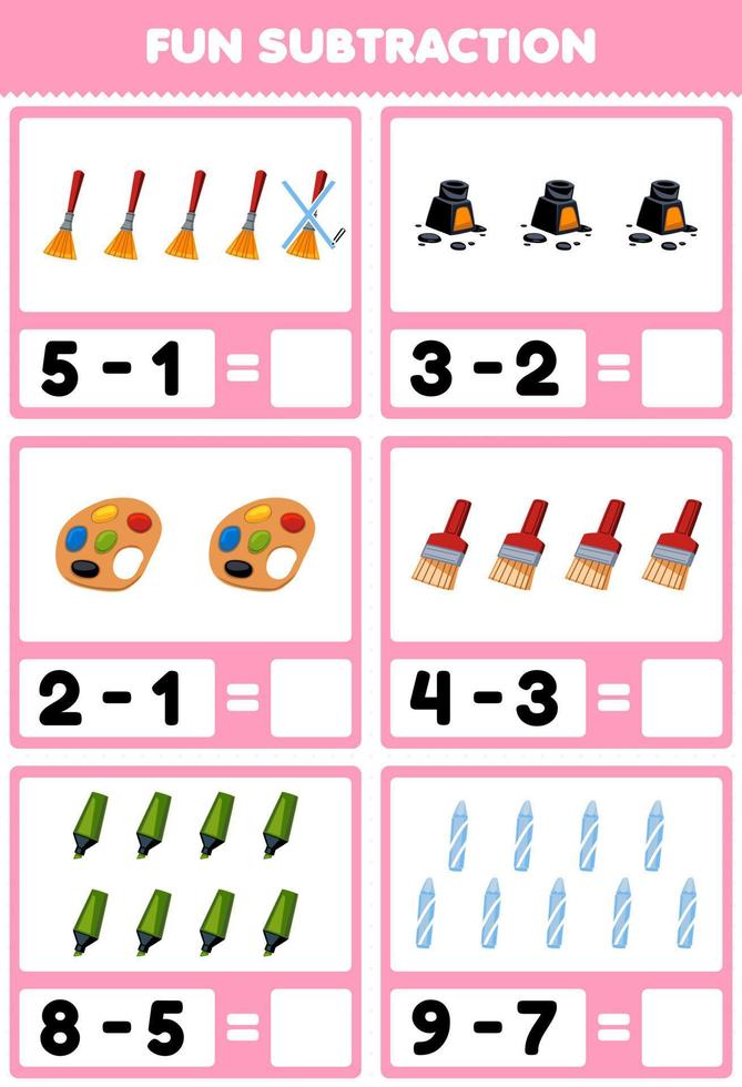 Education game for children fun subtraction by counting and eliminating cute cartoon brush ink palette marker crayon printable tool worksheet vector