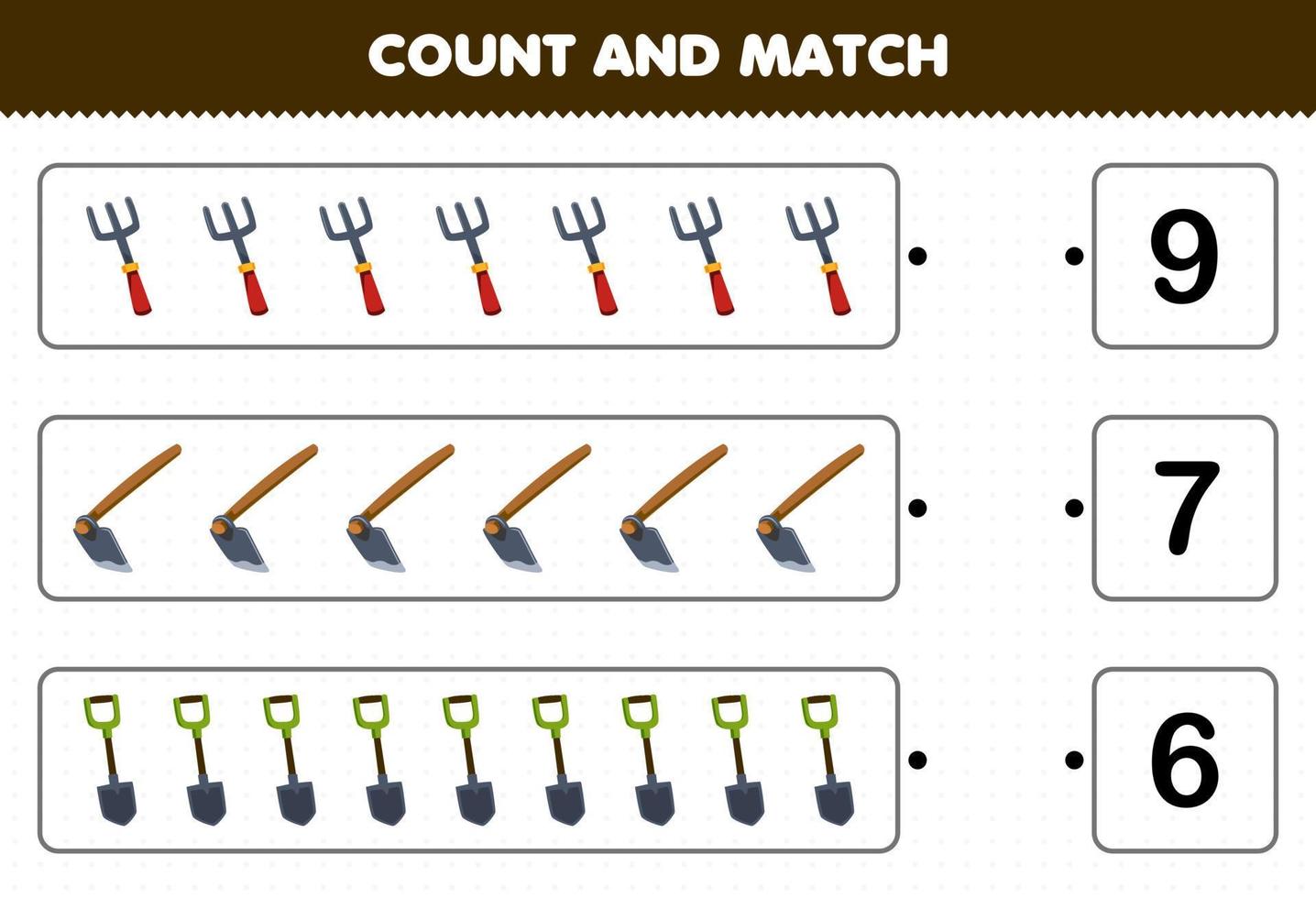 Education game for children count the number of cute cartoon fork hoe shovel and match with the right numbers printable tool worksheet vector