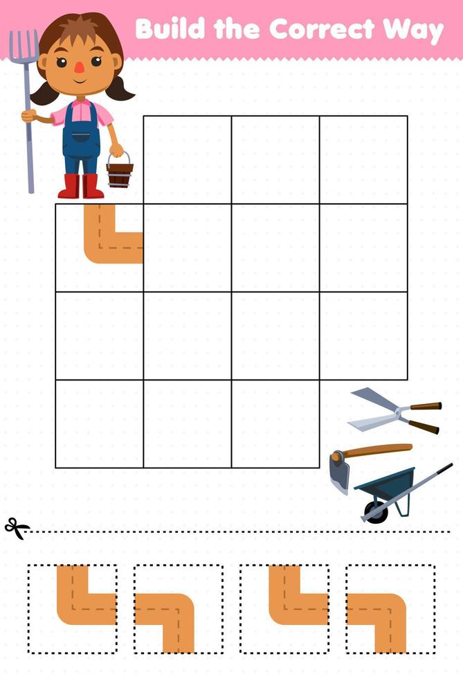 educación juego para niños construir el correcto camino ayuda linda dibujos animados granjero niña moverse a carretilla cortar azada imprimible herramienta hoja de cálculo vector