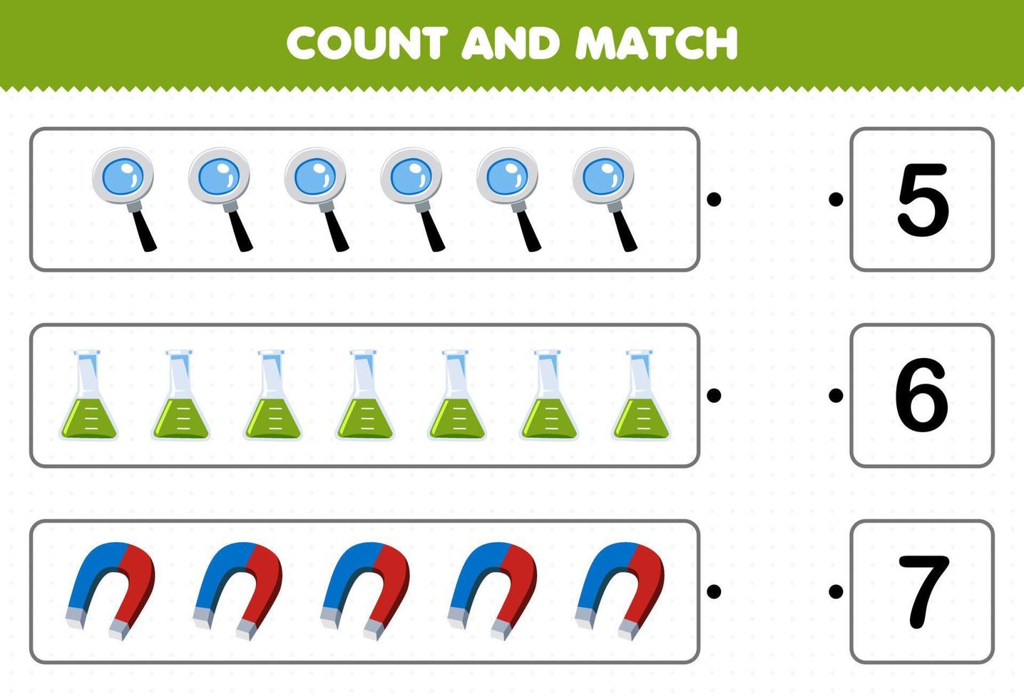 Education game for children count the number of cute cartoon magnifier beaker magnet and match with the right numbers printable tool worksheet vector