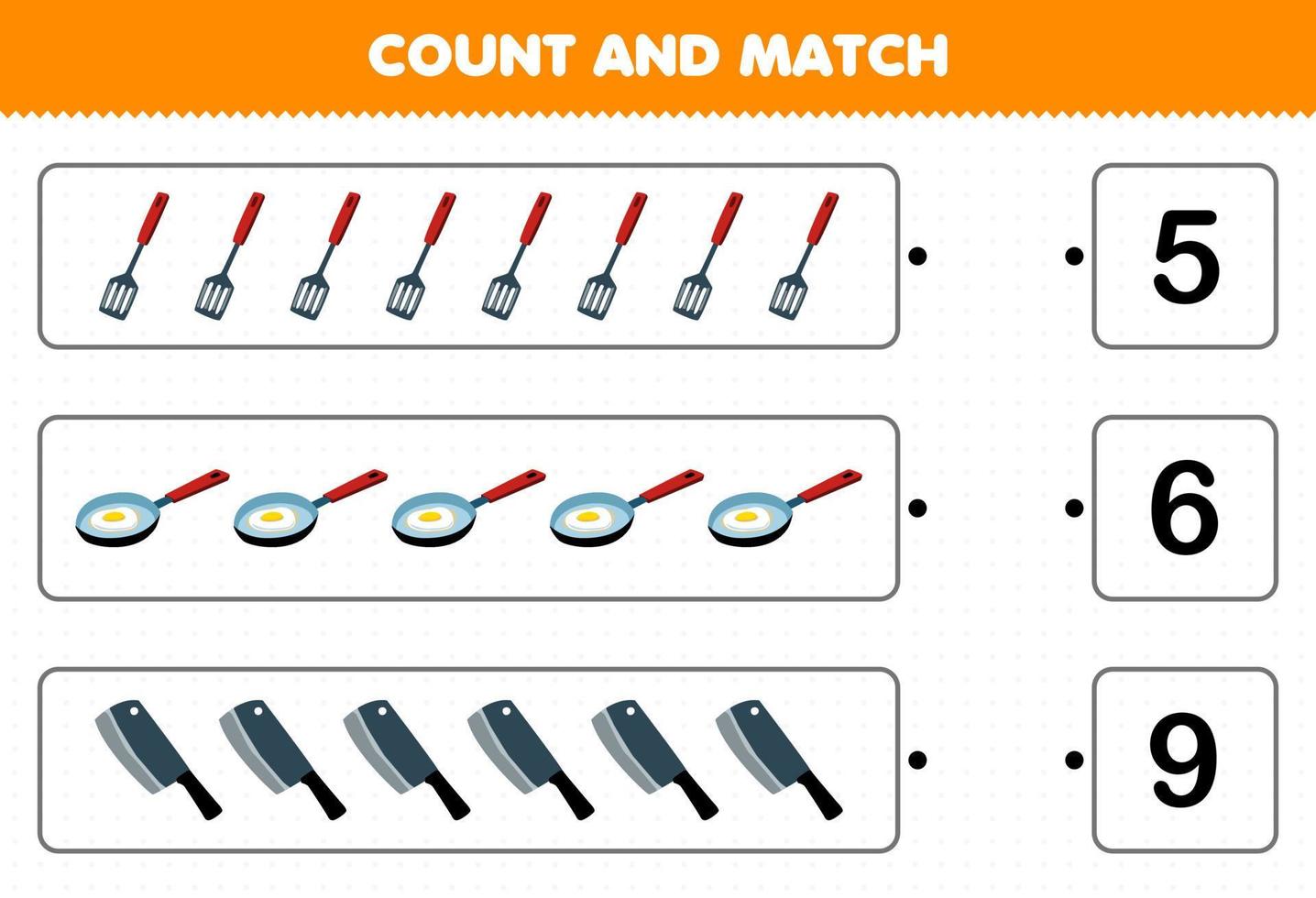 Education game for children count the number of cute cartoon spatula frying pan knife and match with the right numbers printable tool worksheet vector