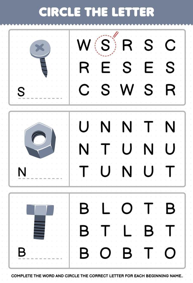 educación juego para niños circulo el comenzando letra desde linda dibujos animados tornillo nuez tornillo imprimible herramienta hoja de cálculo vector