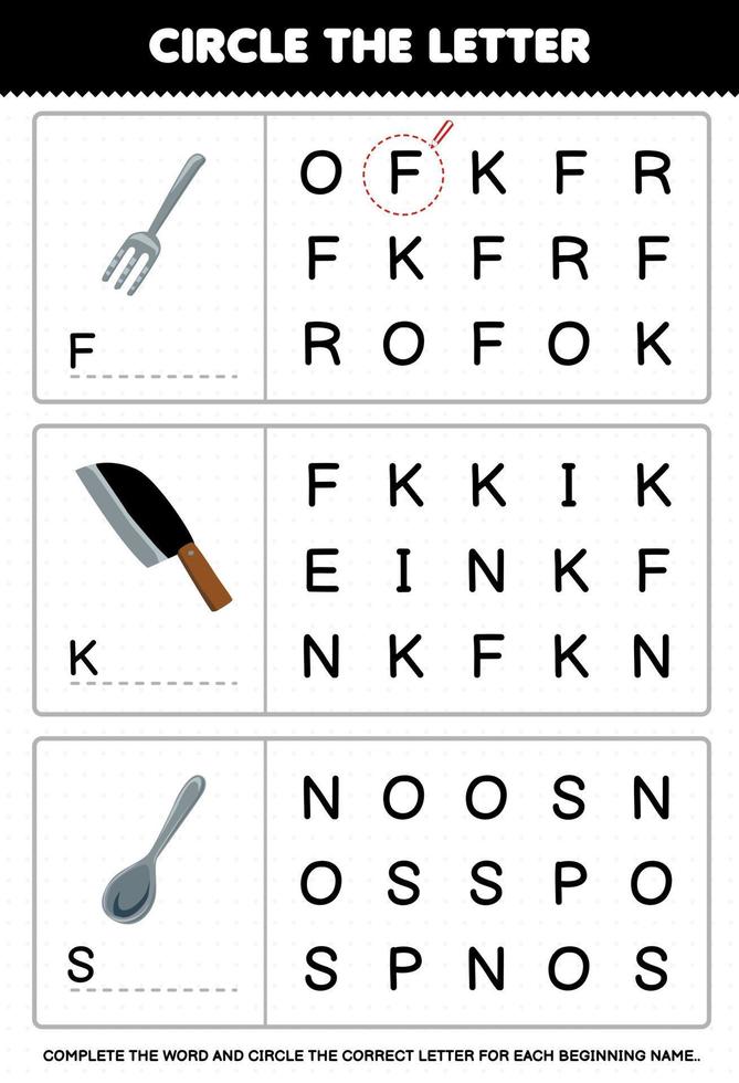 Education game for children circle the beginning letter from cute cartoon fork knife spoon printable tool worksheet vector