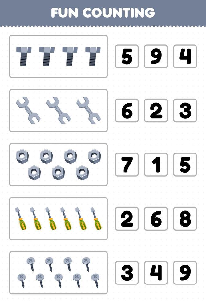 Education game for children fun counting and choosing the correct number of cute cartoon bolt spanner nut screwdriver screw printable tool worksheet vector