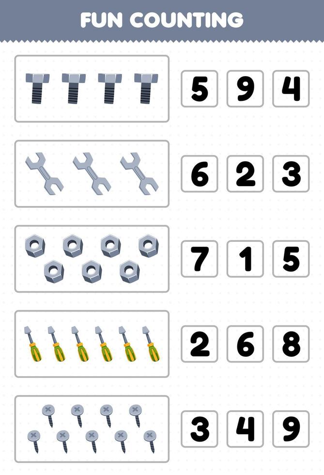 Education game for children fun counting and choosing the correct number of cute cartoon bolt spanner nut screwdriver screw printable tool worksheet vector