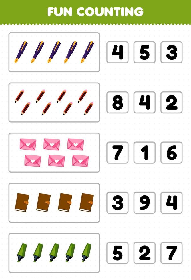 Education game for children fun counting and choosing the correct number of cute cartoon pen pencil envelope book marker printable tool worksheet vector