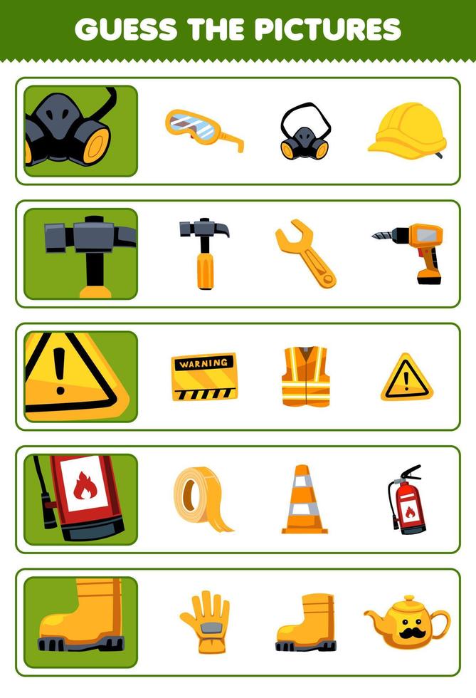 Education game for children guess the correct pictures of cute cartoon masker hammer caution sign extinguisher boot printable tool worksheet vector
