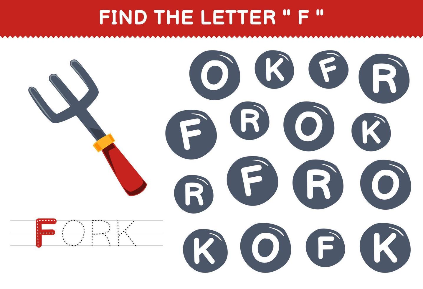 Education game for children find the letter F with cute cartoon fork printable tool worksheet vector