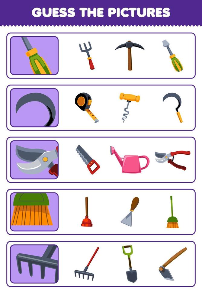Education game for children guess the correct pictures of cute cartoon screwdriver sickle pruner broom rake printable tool worksheet vector