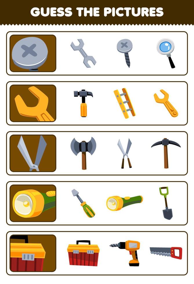 Education game for children guess the correct pictures of cute cartoon screw wrench shear flashlight toolbox printable tool worksheet vector