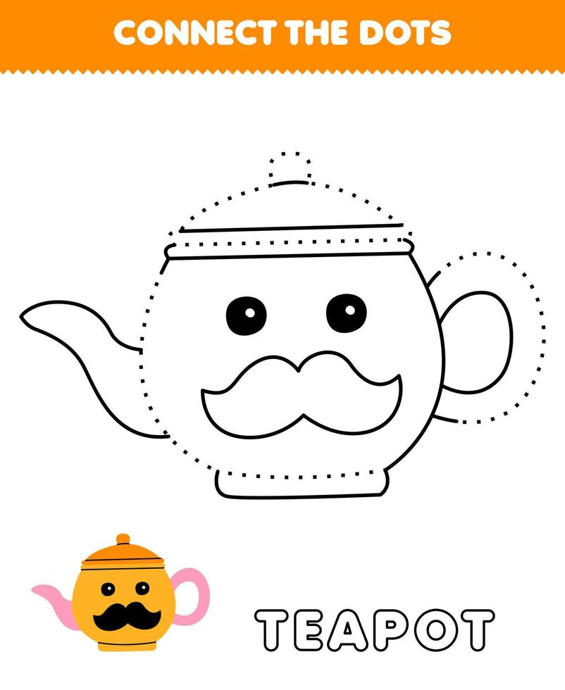 Education game for children connect the dots and coloring practice with cute cartoon teapot picture printable tool worksheet vector